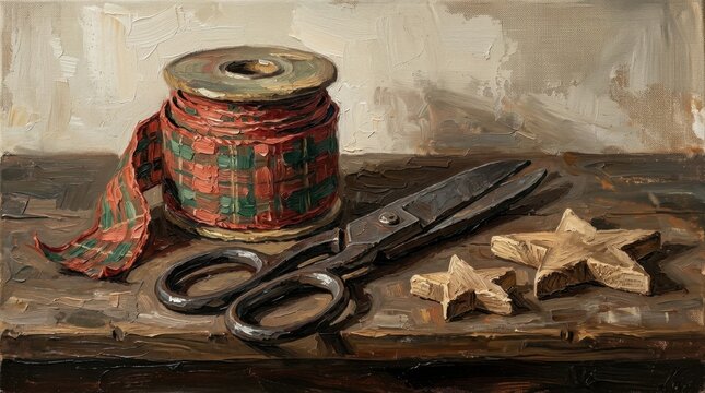 Crafting materials including ribbon and scissors on a rustic table