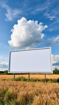 A blank billboard stands in a golden field under a bright blue sky with clouds.