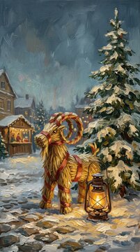 Handcrafted straw goat decoration next to snow-covered tree and lantern