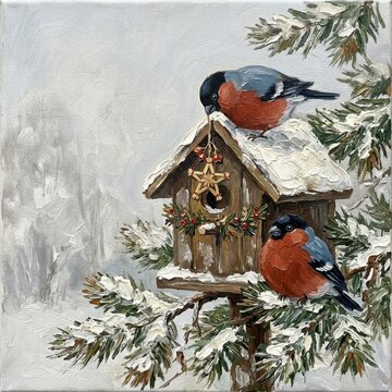 Bullfinch birds on a handcrafted birdhouse decorated for winter holidays