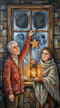 Older man and woman hanging Christmas star by the window together