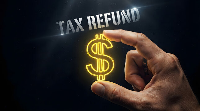 Hand holding glowing refund dollar sign under tax refund text