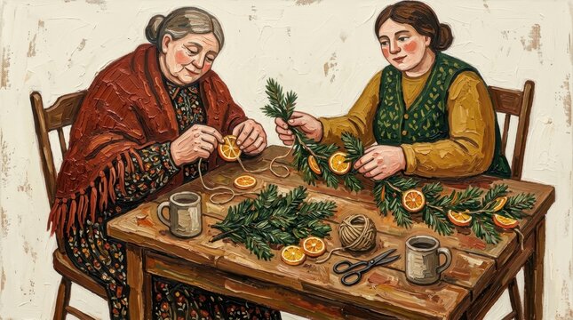 Women crafting holiday decorations with dried oranges and greenery