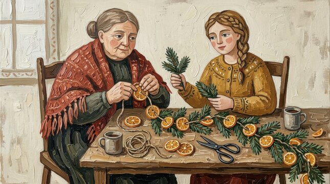 Woman and girl crafting traditional Christmas decorations with orange slices