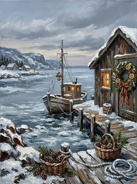 Snow-covered harbor with a wooden boat and rustic cabin decorated for the holidays