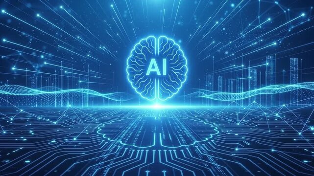 Futuristic Blue Glowing AI Brain Floating Above Circuit Board Waves