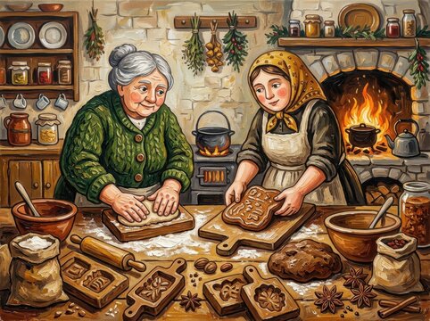 Women baking gingerbread cookies in a cozy holiday kitchen setting