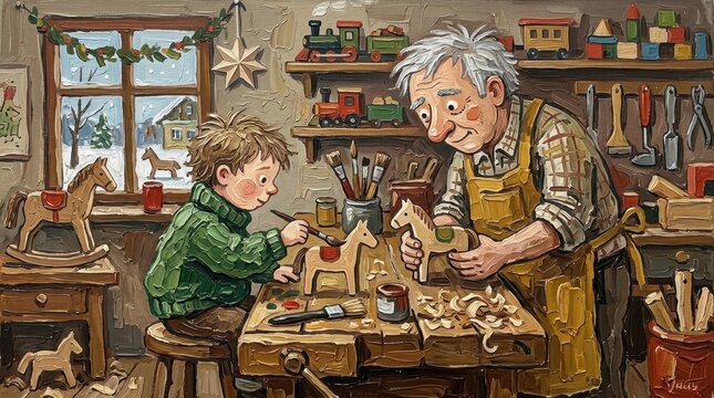 Cozy Christmas workshop with elder and child crafting wooden toys