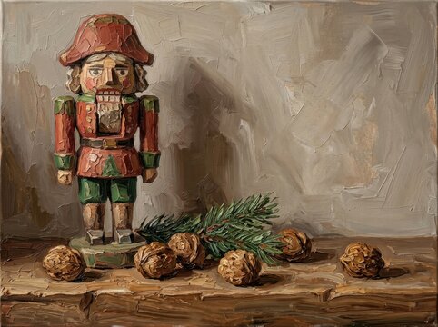 Handcrafted wooden nutcracker figurine with pine branches and ornaments