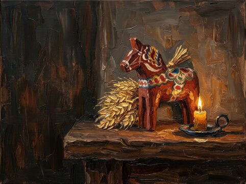 Handcrafted wooden horse figurine with candle and wheat on rustic table