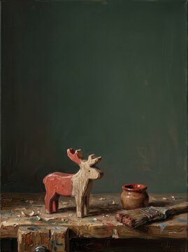 Handcrafted wooden reindeer figurine and clay pot on rustic workbench