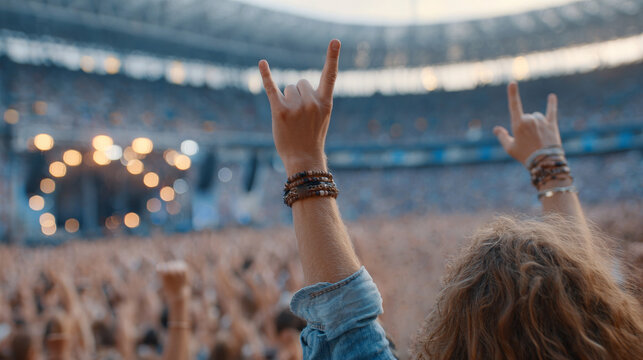 Hands raising rock sign hand gestures at a crowded music festival inside a outdoor stadium with blurred stage bokeh lights.Music blogs, event ticketing platforms, festival promotion websites