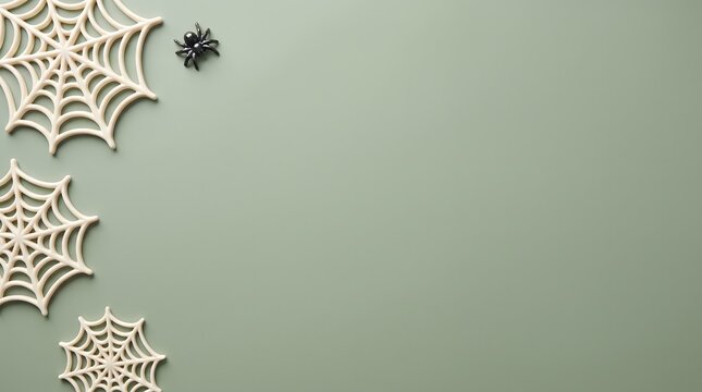 A flat lay top view of a sage green background decorated with white spider webs and a small black spider for a spooky halloween celebration
