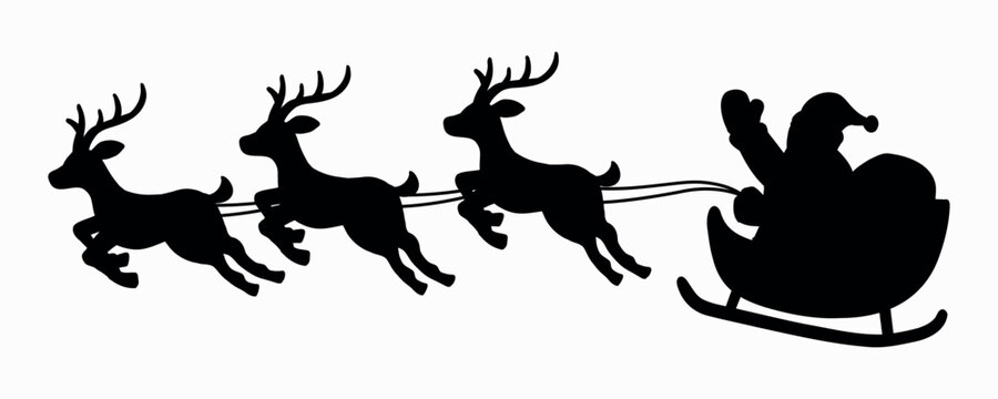 Santa claus in sleigh pulled by reindeers silhouette vector illustration isolated on white background