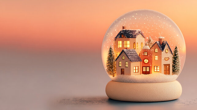 A glass snow globe containing miniature glowing houses and pine trees sits on a smooth surface against a warm sunset gradient background.Holiday decoration blogs, Christmas gift store catalogs