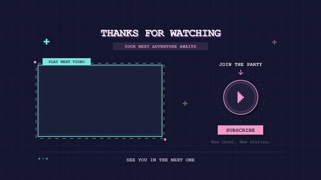 A stylish 8-bit retro gaming YouTube end screen featuring placeholders for next videos and a pixel art subscribe button on a dark neon grid background.