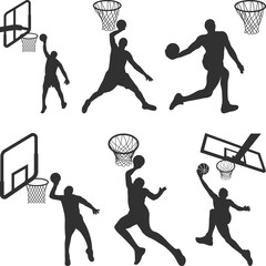 Basketball Players and Hoops Elements Set Silhouette, basketball dunk Vector Illustration © Bashar