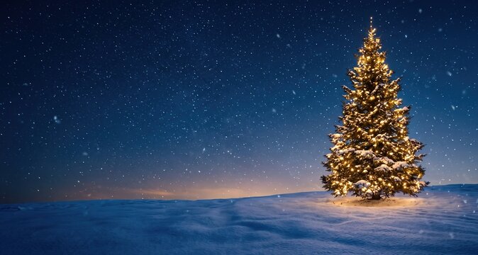 Illuminated christmas tree standing in a snowy field at night, under a dark blue starry sky with falling snowflakes and a faint horizon glow
