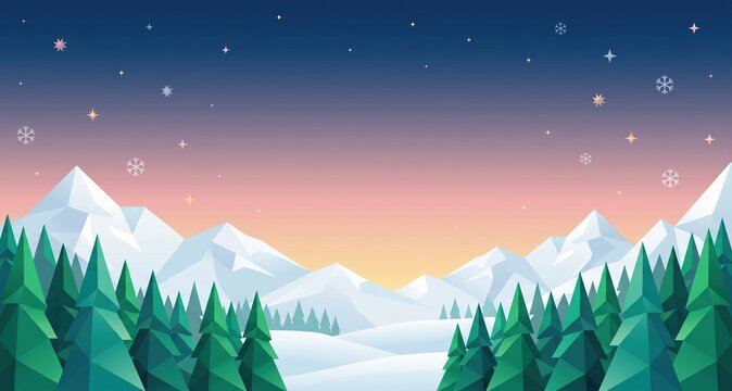 Low poly winter landscape with geometric pine trees, snow-covered mountains, and a gradient sky with falling snowflakes and stars at dusk