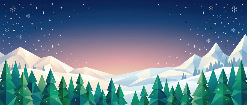 Low poly winter landscape with geometric pine trees, snow-covered mountains, and a starry night sky with falling snowflakes in a gradient of blue, purple, and soft orange hues