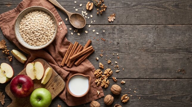 Oatmeal ingredients with apples, nuts, and cinnamon on wooden table  