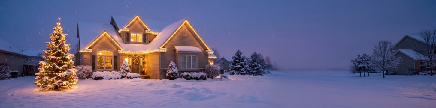 Residential house decorated with glowing warm christmas lights, illuminated pine tree in a snow-covered front yard during a blue twilight winter evening