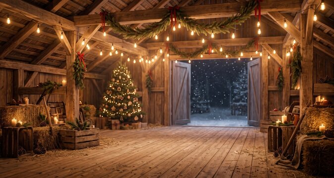 Rustic wooden barn interior decorated for christmas with a glowing pine tree, string lights, hay bales, and open double doors showing a snowy forest landscape at night