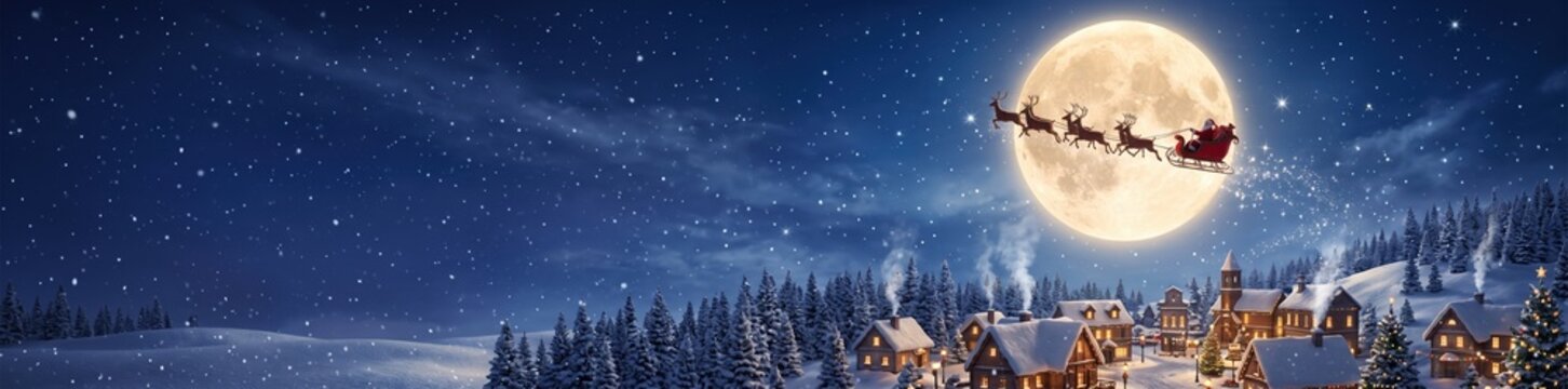 Santa claus in his sleigh pulled by reindeer flying across a large, glowing full moon above a snow-covered village with pine trees at night