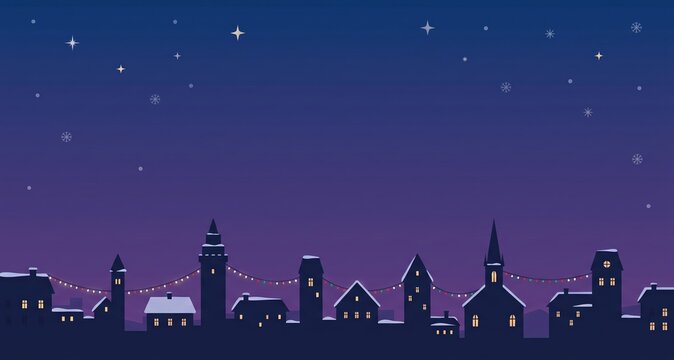 Silhouette of a small town skyline at night with snow-covered rooftops, glowing string lights, and a dark blue starry sky background
