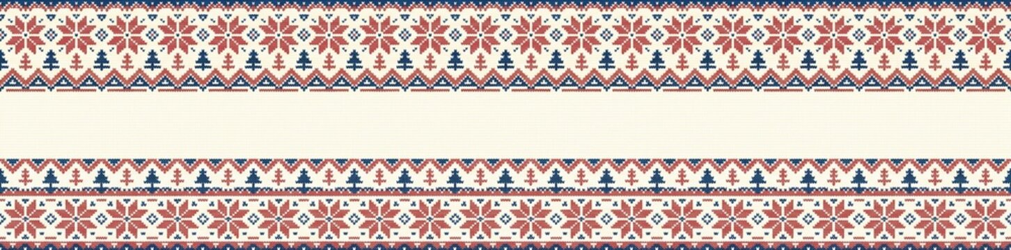 Seamless christmas border pattern featuring red snowflakes, dark blue pine trees, and geometric zigzag lines on a cream background, horizontal orientation