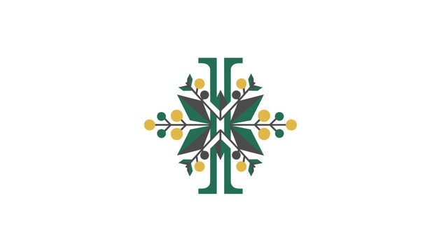 Symmetrical heraldic botanical emblem featuring green leaves and yellow berries arranged along ornate bars.