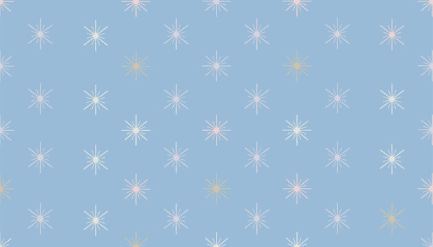Seamless geometric pattern of delicate eight point stars in pastel shades arranged over a soft blue background.