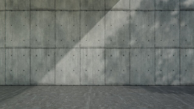 Bare Concrete Panel Wall Outdoor Space with Branch Shadows and Glossy Concrete Floor. Product Placement Concept with copy-space.