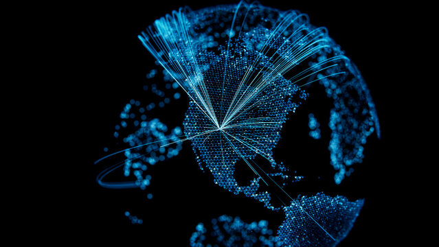 Denver on Emissive Blue Globe Map with Twinkling Triangle Pixels and Connection Lines over North America. Cloud Computing Concept with copy-space.