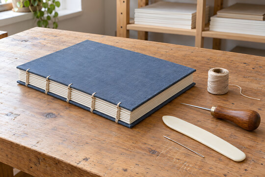 Hand-bound notebook and bookbinding tools on a wooden workbench