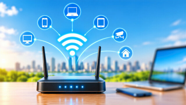 Modern wifi router with connected digital technology icons