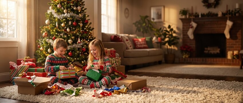 Two children in matching pajamas sitting on a rug, opening christmas presents in a living room with a decorated tree and a fireplace