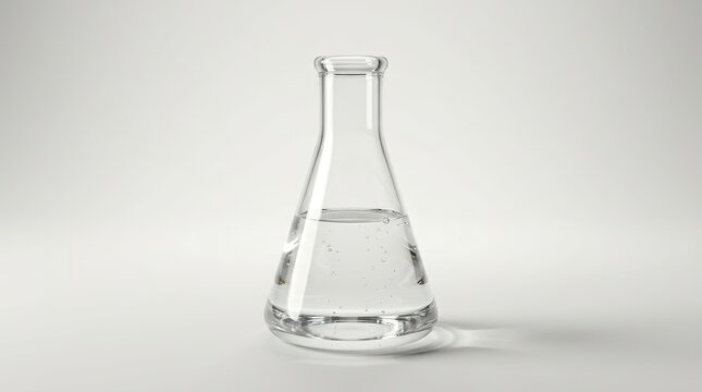 Conical glass erlenmeyer flask containing clear liquid and small bubbles stands on neutral background for chemical analysis and laboratory research applications.