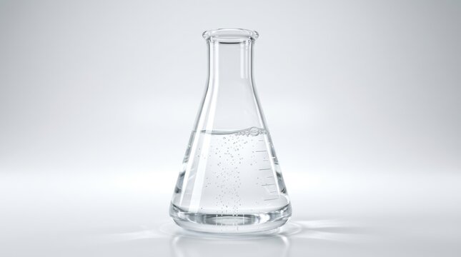 Graduated glass erlenmeyer flask filled with bubbling transparent solution represents chemical reaction and scientific investigation in modern laboratory setting.