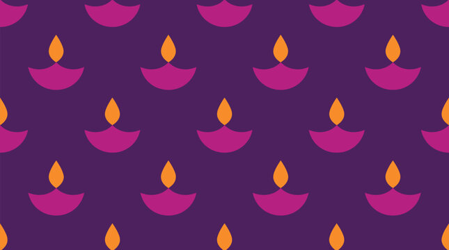 A vibrant seamless diwali background vector pattern featuring traditional glowing oil lamps on a deep purple festive holiday backdrop