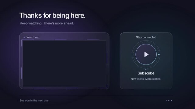 A clean, dark-themed video end screen featuring placeholders for next videos and a subscribe button to help content creators engage their audience and grow their social media channels.