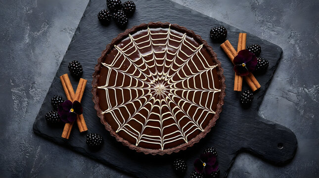 Chocolate spider web tart garnished with fresh blackberries and cinnamon sticks flat lay still life blackberry halloween homemade celebration culinary delicious top view