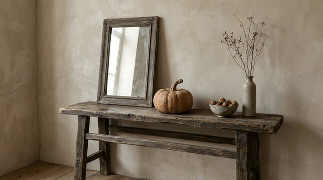 Rustic wooden console table featuring a mirror and autumn pumpkin decor against a textured wall dried flowers interior styling home still life cozy design living room