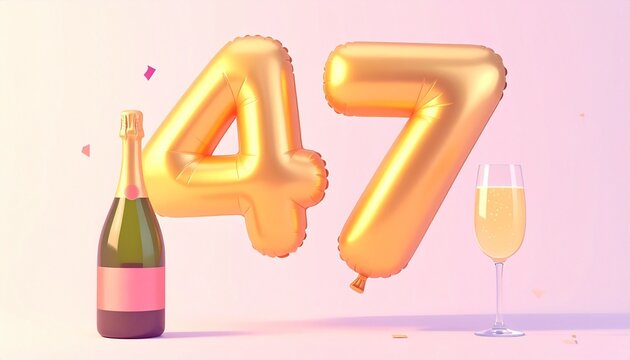 Birthday and Anniversary Celebration with Champagne and Gold Number 47 Balloon