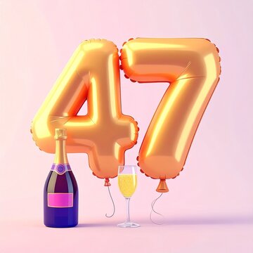 Birthday and Anniversary Celebration with Champagne and Gold Number 47 Balloon