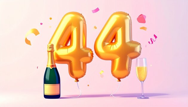 Birthday and Anniversary Celebration with Champagne and Gold Number 44 Balloon