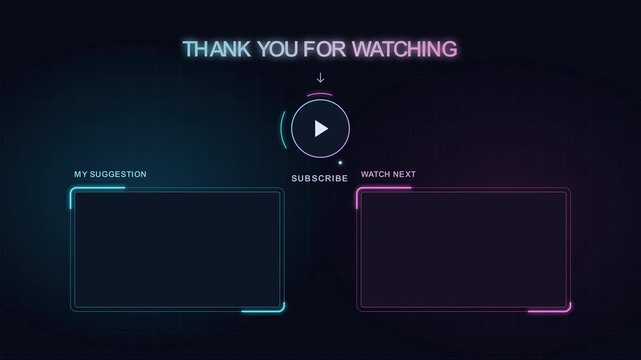 A dark, tech-inspired video end screen featuring neon cyan and pink highlights, a 'Thank You' message, subscribe prompt, and frames for suggesting further content to digital viewers.