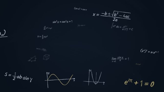 Math formulas flying toward camera on dark chalkboard seamless loop