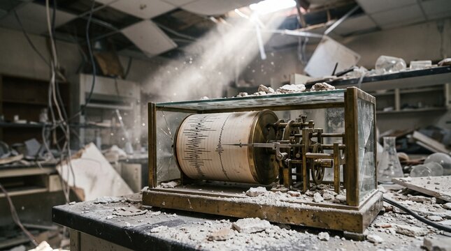 Vintage barograph instrument sitting in a derelict abandoned laboratory with light rays and debris.