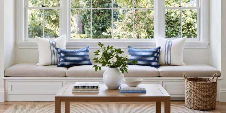 Cozy window seat with cushions and coastal decor